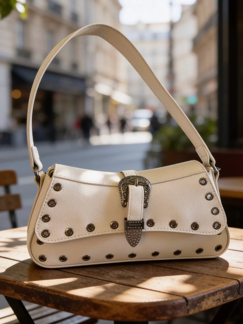 Betsey Johnson Cream Shoulder Bag with Stud & Buckle Detail